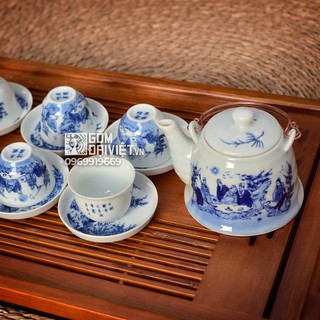 Bộ ấm chén men lam cổ Bát Tràng Trúc Lâm Thất hiền dáng nồi