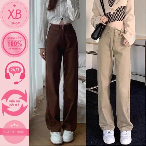 Quần jeans ống suông nâu sữa cạp cao siêu hack chân siêu tôn dáng