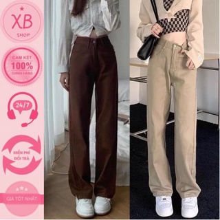 Quần jeans ống suông nâu sữa cạp cao siêu hack chân siêu tôn dáng