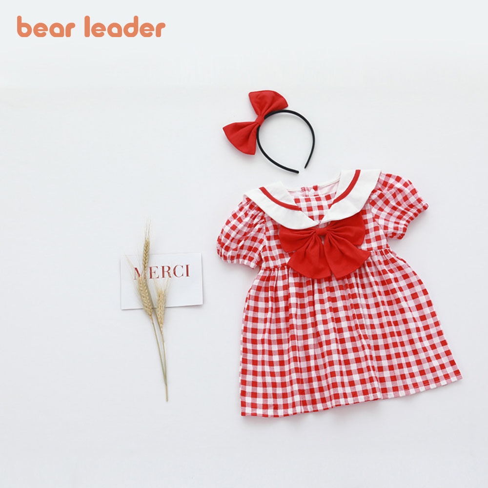 Đầm công chúa BEAR LEADER họa tiết ca rô đính nơ dễ thương cho bé gái