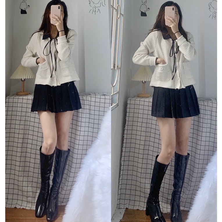 [Ảnh thật/Video]Áo khoác dạ tweed kiểu xinh dáng ngắn nơ cổ thiêu thư | BigBuy360 - bigbuy360.vn