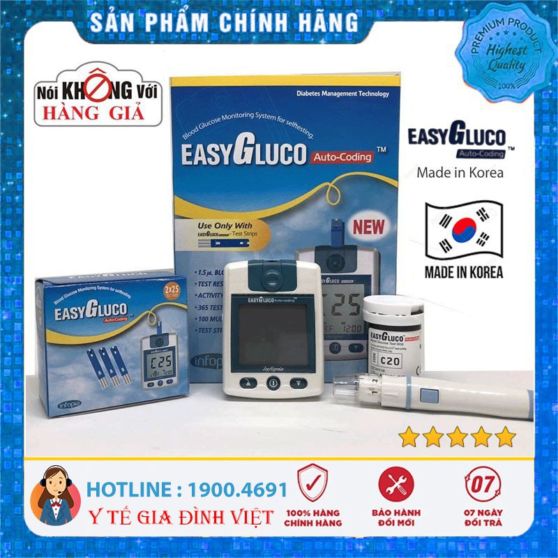 Máy đo đường huyết EASY GLUCO - Máy đo tiểu đường tặng kèm 25 que thử và 25 kim chích