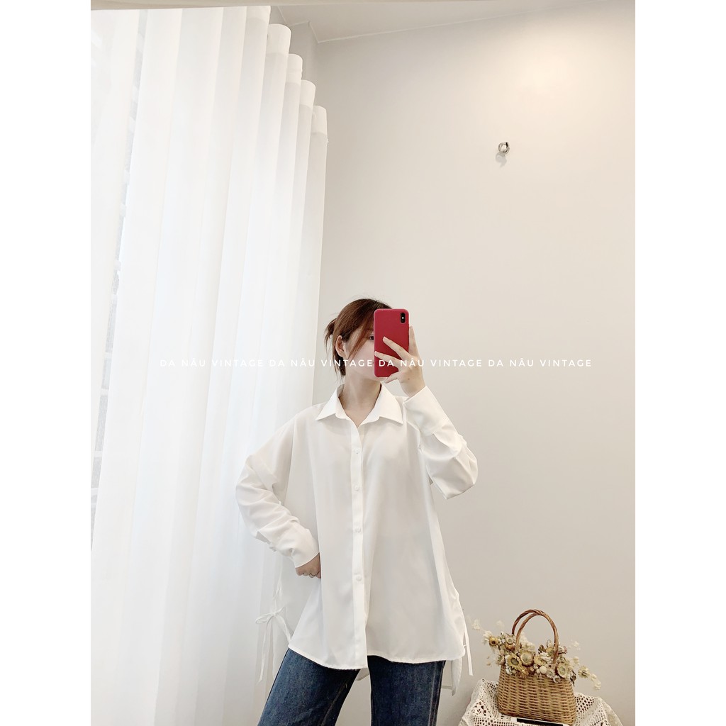 áo sơmi freesize vạt đuôi tôm 2 màu nâu, trắng (ảnh thật/hàng sẵn) | BigBuy360 - bigbuy360.vn