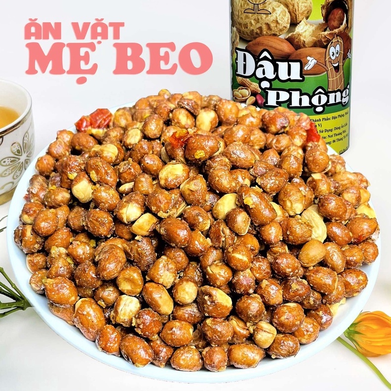 Đậu phộng rang tỏi ớt hộp 500gr Mẹ Beo ăn cực ngon