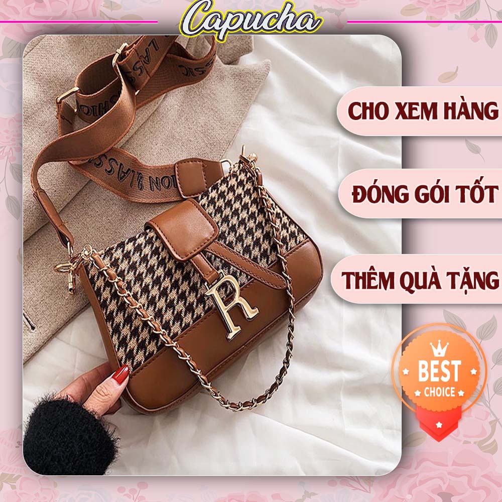 Túi xách nữ đeo chéo đeo vai đi chơi mốt mới móc chữ R phối da và dạ Capucha T30