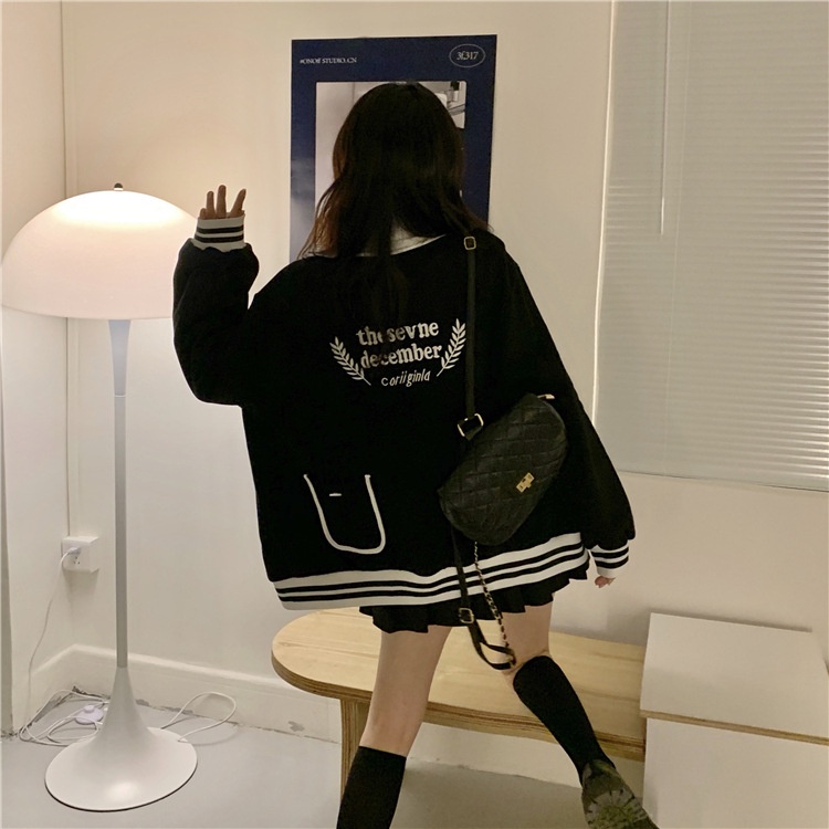 IELGY    Áo Khoác Dáng Rộng Thêu Hình plus size Phong Cách preppy Dành Cho Nữ