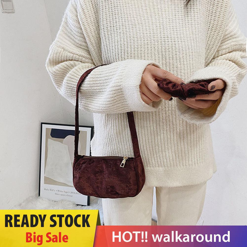 Walk Vintage Solid Color Velvet Underarm Bag Women Shoulder Purse with Hairband