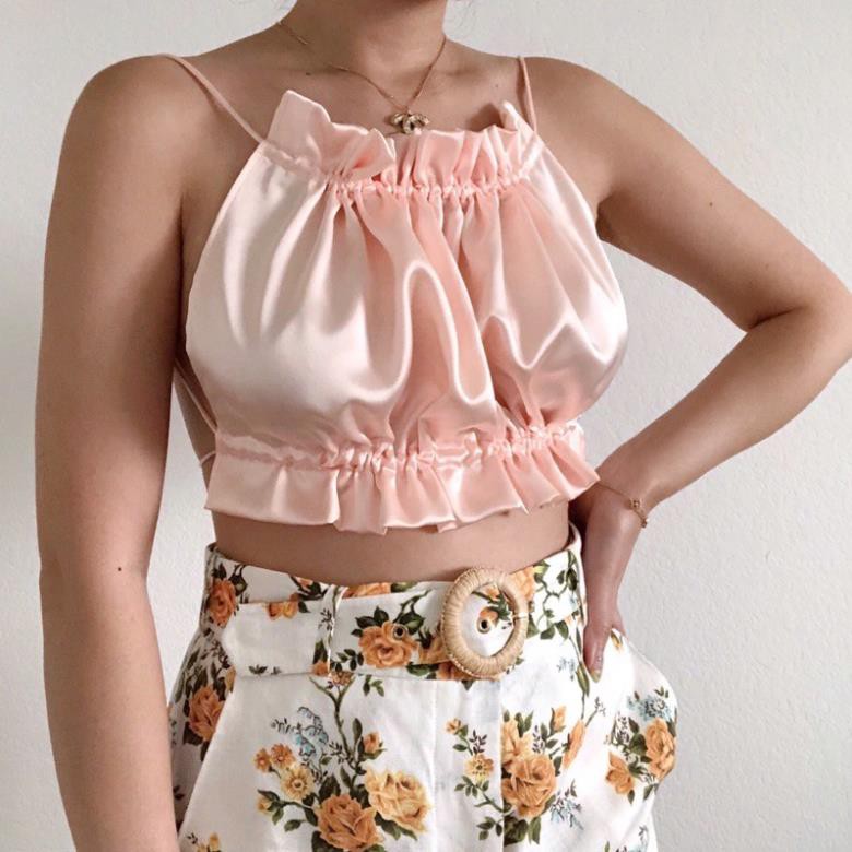 ÁO CROPTOP 2 DÂY KIỂU YẾM HỞ LƯNG/ ÁO YẾM ĐI BIỂN PHI BÓNG/ BIKINI SILK TOP/ RUCHED BACKLESS TOP NHIỀU MÀU 👙