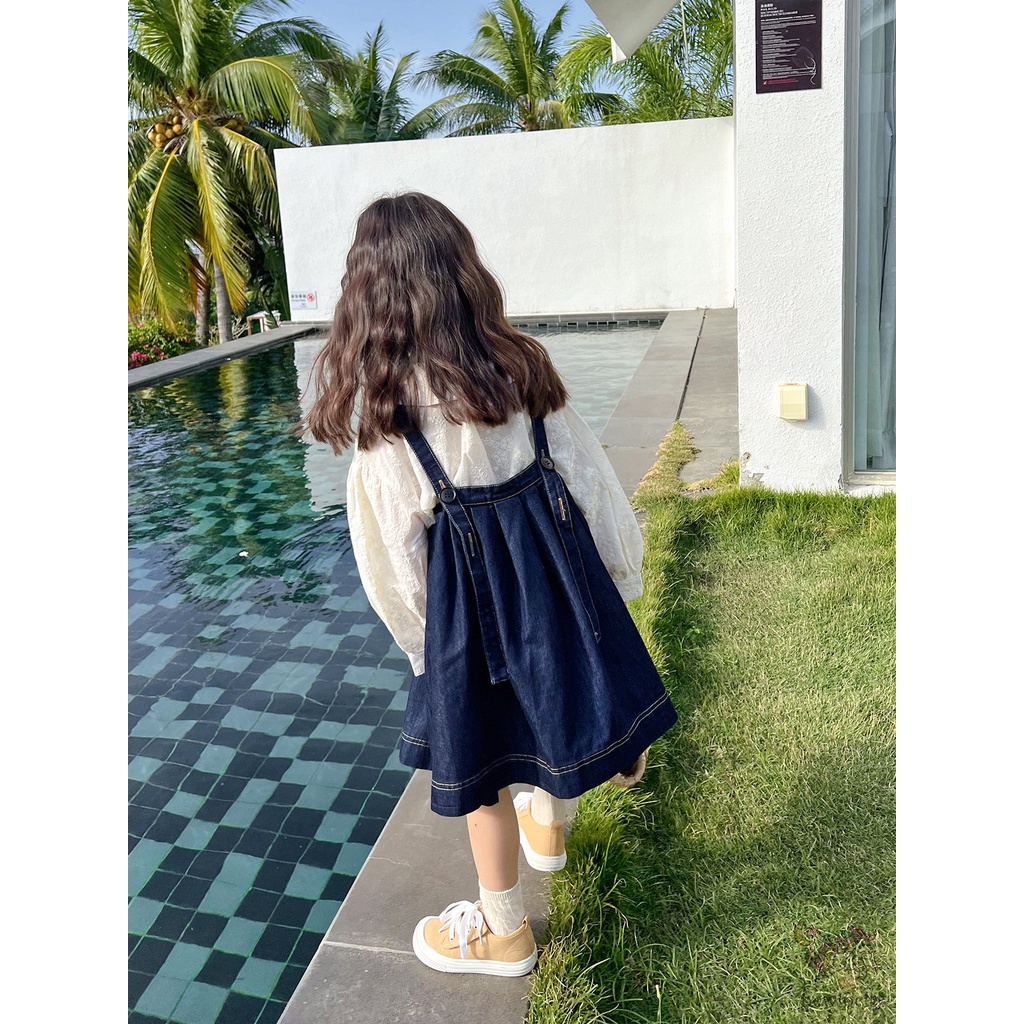 Bộ Đầm Yếm Denim + Áo Sơ Mi Thêu Họa Tiết Xinh Xắn Theo Phong Cách Hàn Quốc Dành Cho Bé Gái