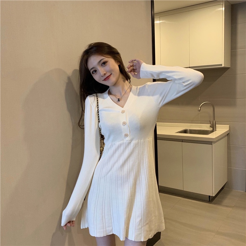 Đầm dệt kim ZHELIHANGFEI tay dài cổ chữ V thiết kế ôm sát tôn dáng cho nữ