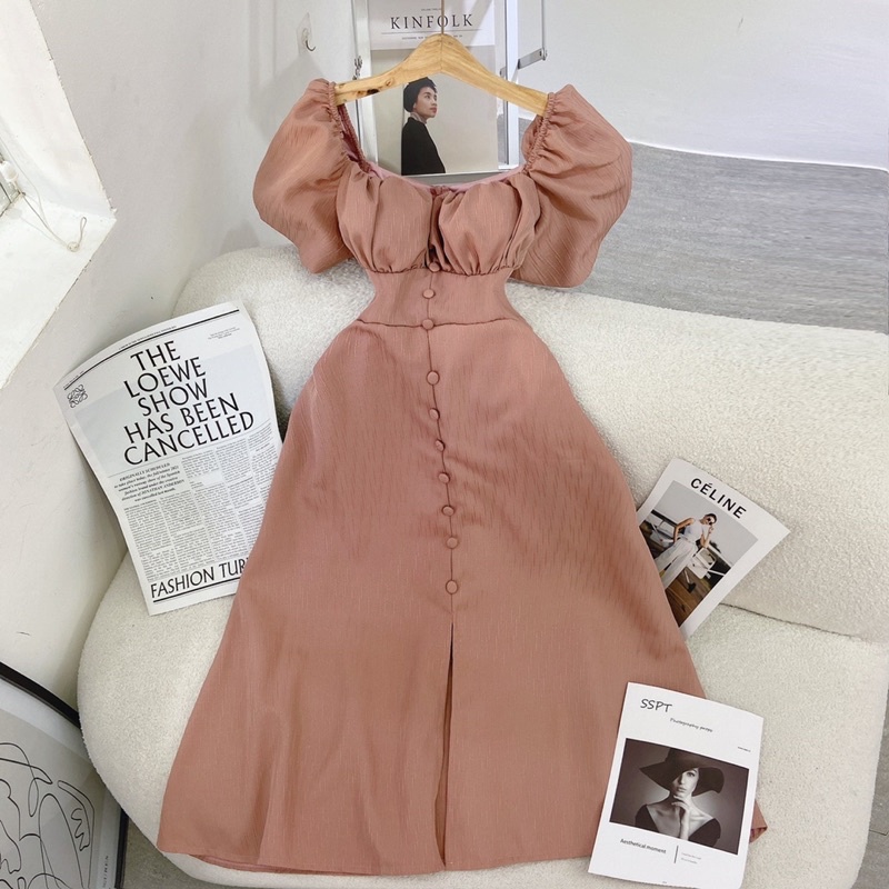 Váy maxi nâu tây phồng xếp ly ngực phối nút bọc
