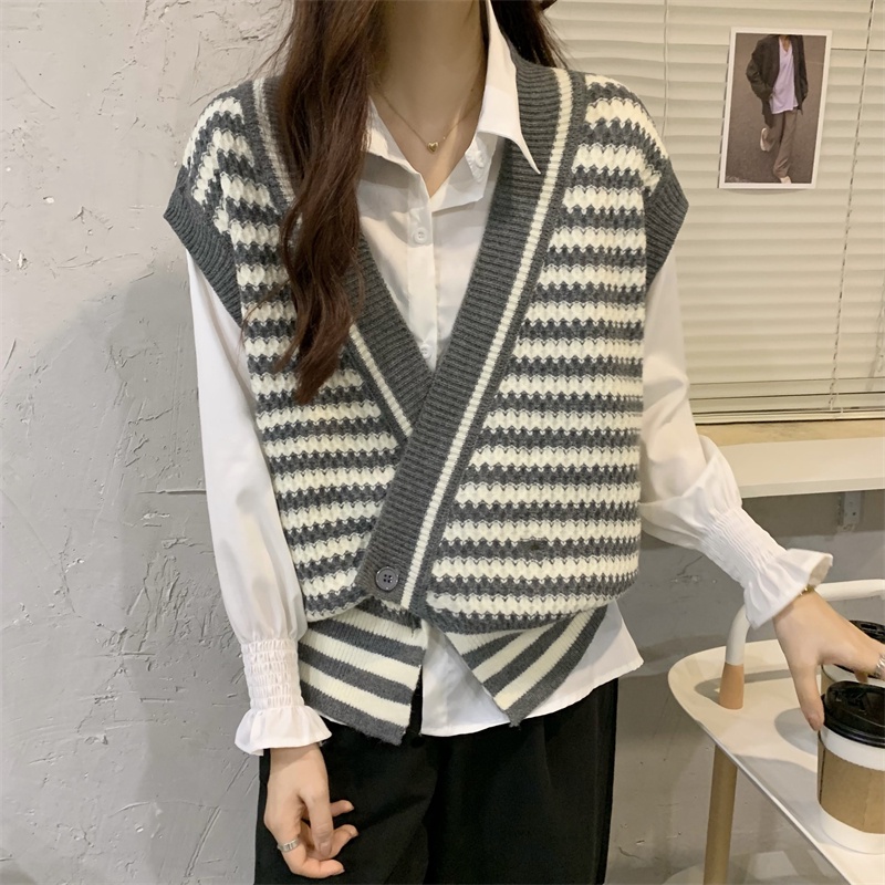 HoneySexy Áo vest nữ Hàng đầu Dệt kim Không tay Cổ chữ V sọc Đơn giản Thời trang Cổ điển Gợi cảm Thanh lịch | BigBuy360 - bigbuy360.vn