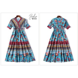 (CÓ SẴN) Váy boho ánh xanh cổ V