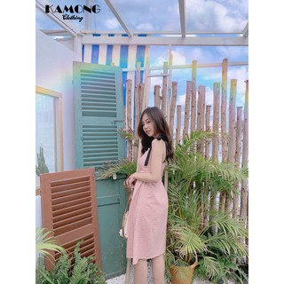 Đầm maxi caro nơ vai đen KAMONG D044
