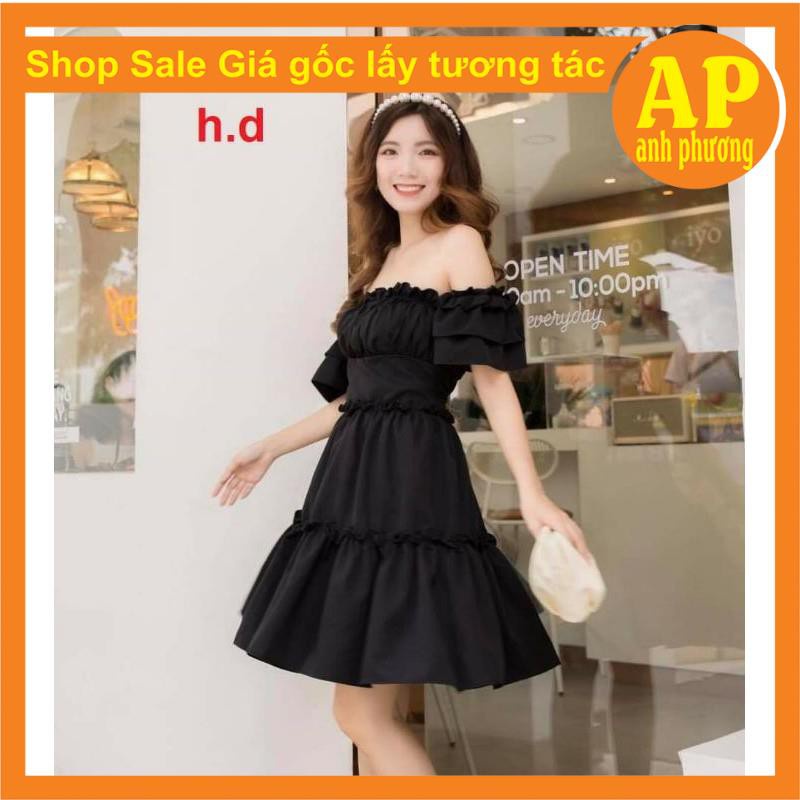 Đầm dự tiệc trễ vai tay bồng 3 tầng bèo, Váy Tiểu Thư Trắng Trễ Vai Hoặc Cổ Vuông Vintage hai màu Đen, Trắng