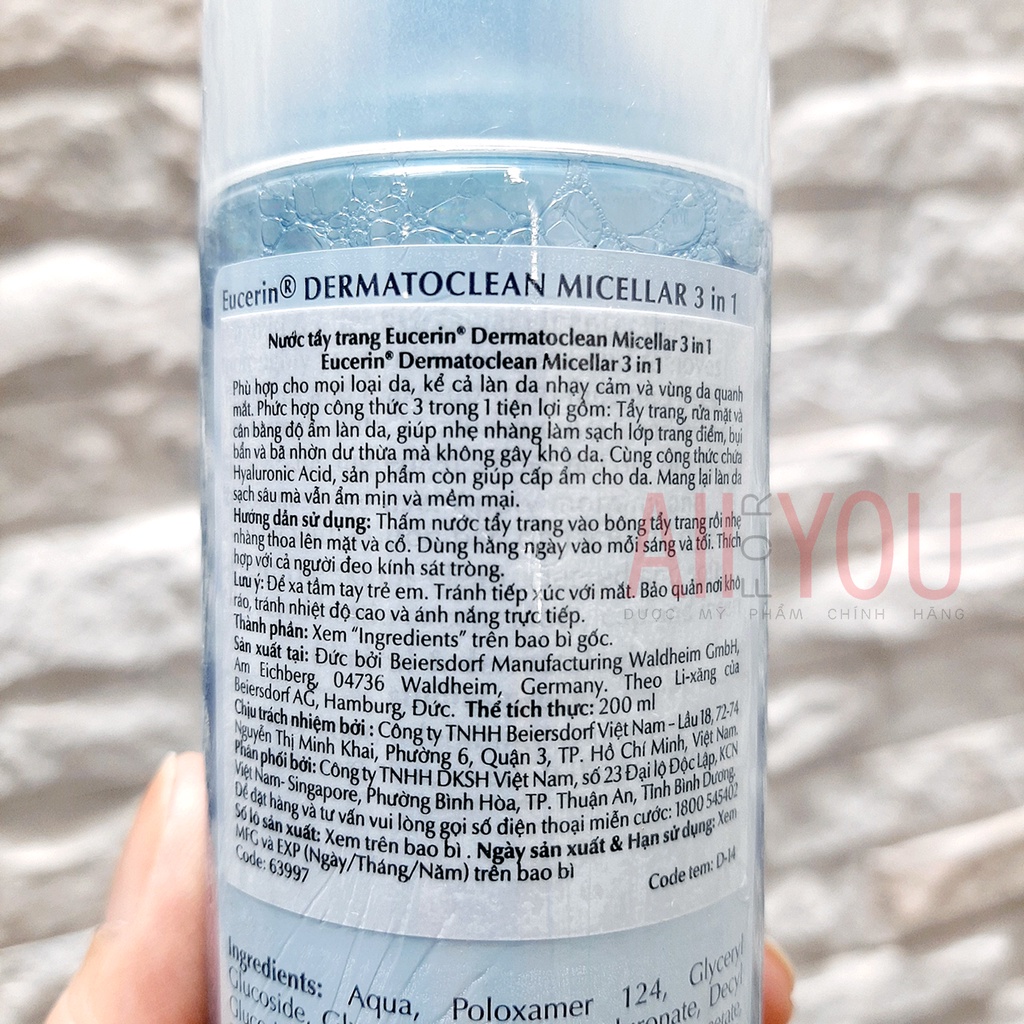 EUCERIN DermatoCLEAN Micellar Water 3in1 100mL, 200mL & 400mL - Nước Tẩy Trang 3 Trong 1 Cho Da Nhạy Cảm.
