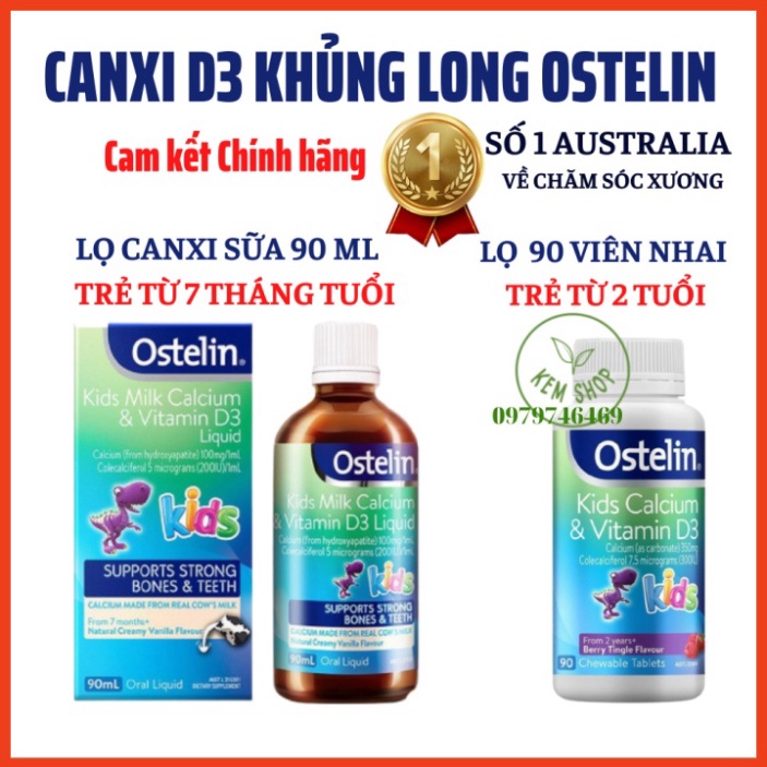 [CAM KẾT CHÍNH HÃNG] Canxi khủng long cho bé Ostelin Kids Milk Calcium & D3 Úc (90v/90ml)