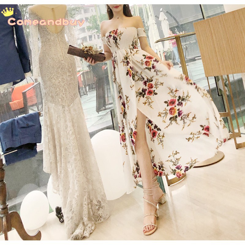 Đầm maxi trễ vai họa tiết hoa duyên dáng và điệu đà cho nữ | BigBuy360 - bigbuy360.vn