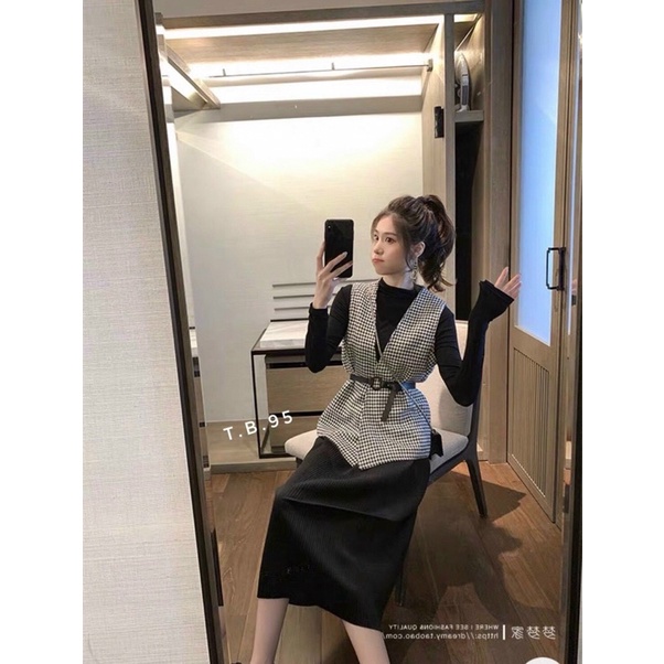 [Mã 2611THTRANG100K hoàn 10% xu đơn 99K] Set váy len body mix khoác gile caro kèm thắt lưng | BigBuy360 - bigbuy360.vn