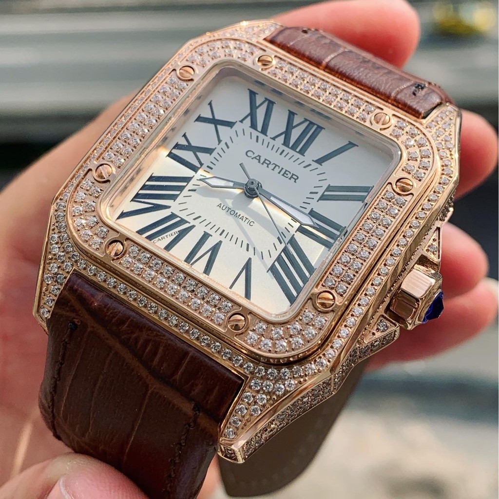 Đồng Hồ Nam CTR Viền Đá, Mặt Vuông 41x41mm, Máy Cơ Automatic Nhật, Chống Nước 5ATM