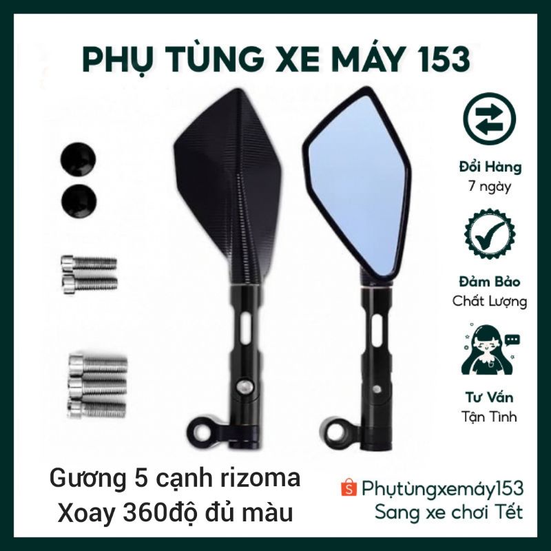 Gương xe máy thời trang 5 cạnh rizoma độ gập xoay 360 kính chiếu hậu mini chống chói cao cấp rẻ đẹp