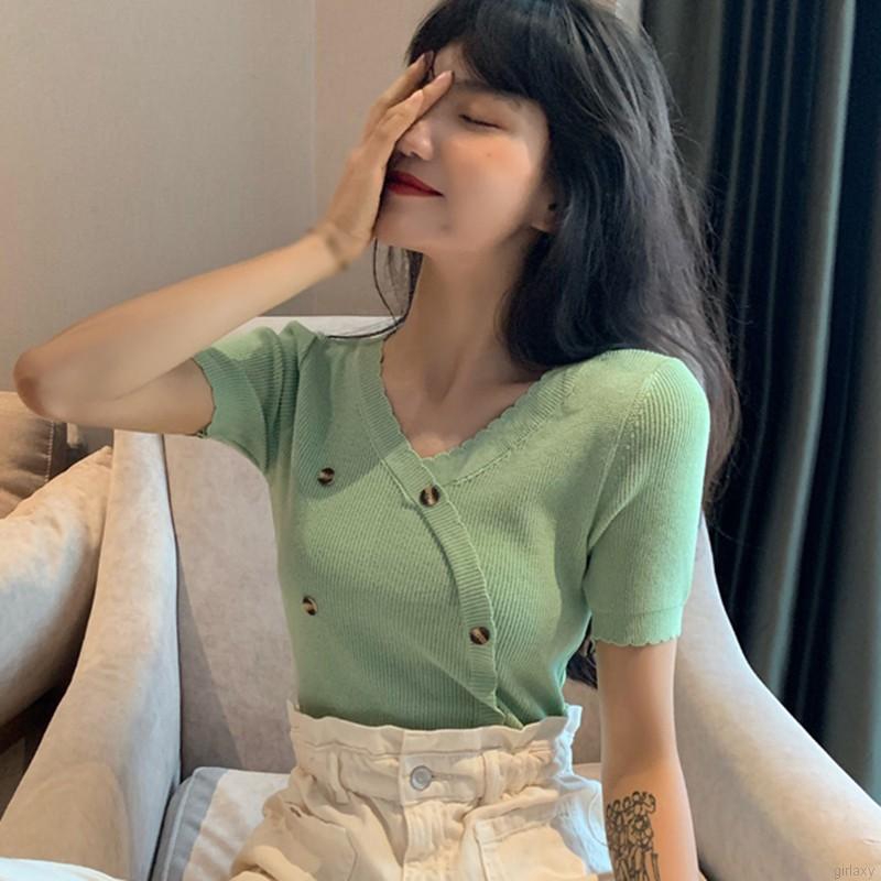 Áo Thun Dệt Kim Tay Ngắn Cổ Chữ V Màu Trơn Phong Cách Hàn Quốc