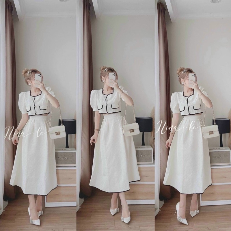 SET ÁO KẺ VÁY VIỀN XỐP TRẮNG 🧸🧸🧸