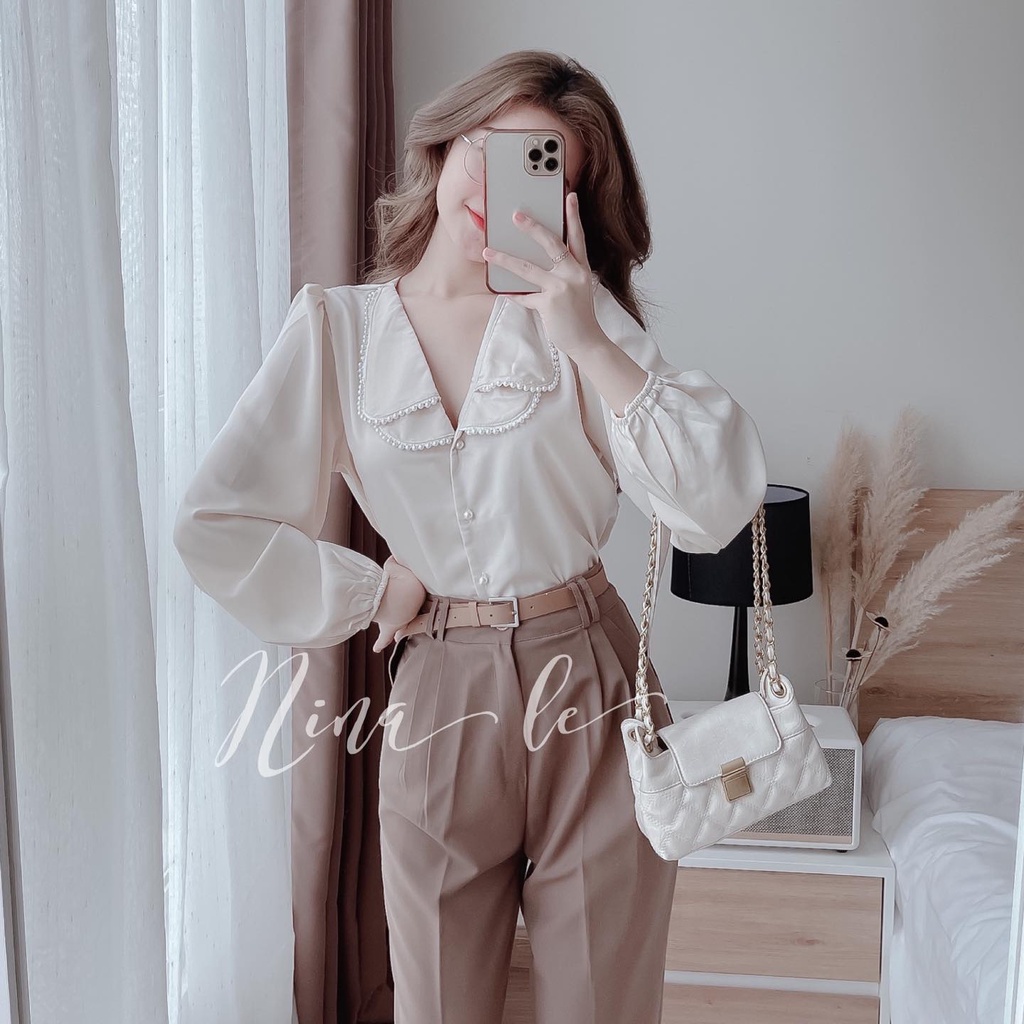 Áo sơ mi lụa cổ sen 2 lá đính viền dây ngọc tiểu thư