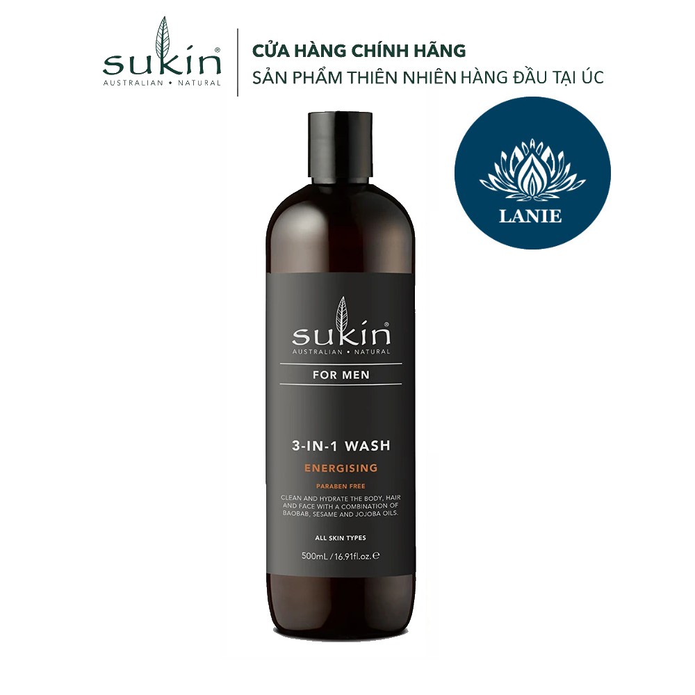 Sản phẩm Làm Sạch 3 in 1 Sukin Phục Hồi Năng Lượng Dành Cho Nam Sukin For Men Wash Energising 500ml