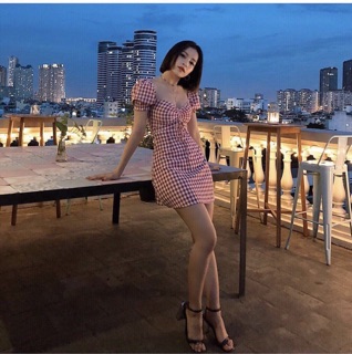 Đầm caro tay phồng