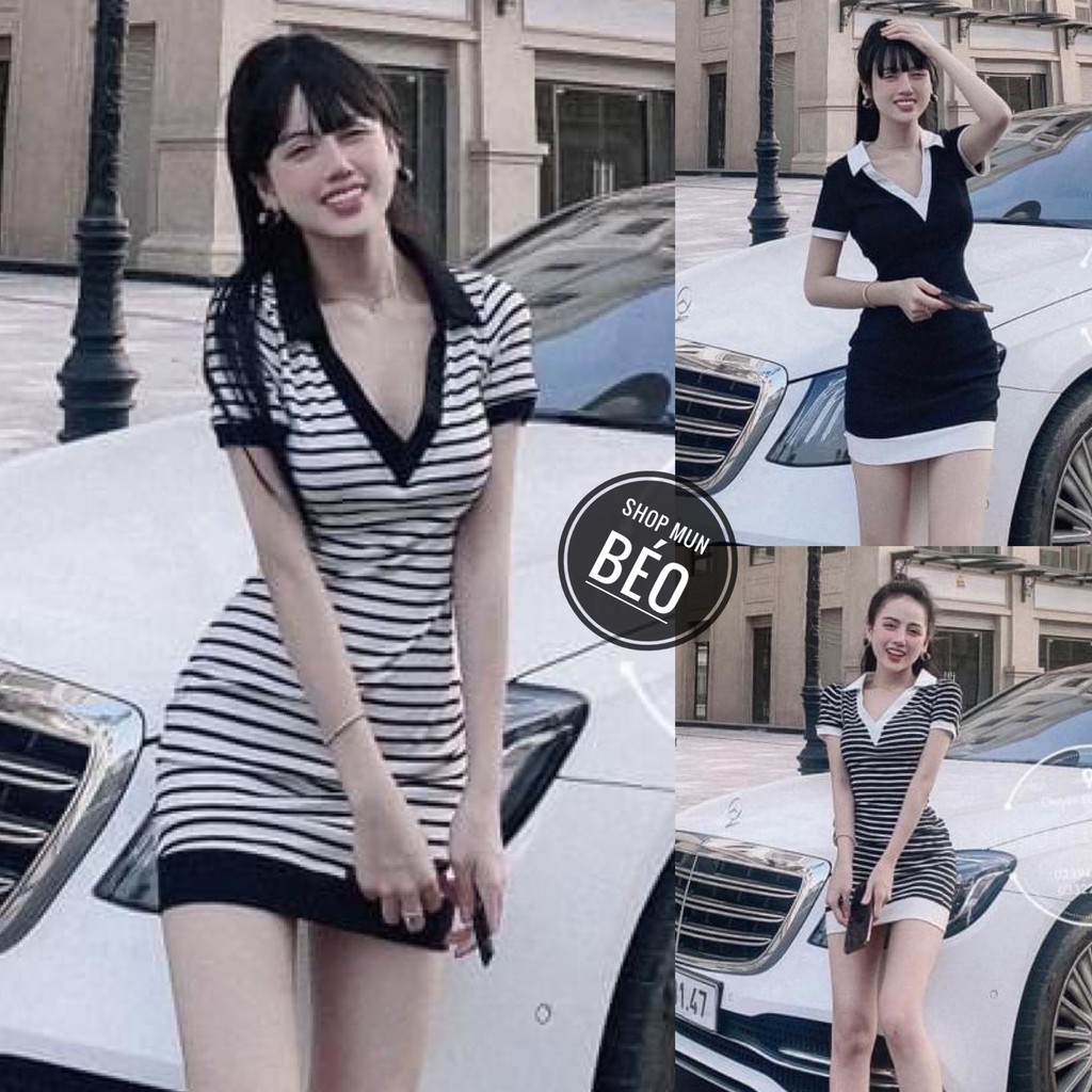 Đầm Body Trụ Cổ Tim Phom Ngắn Chất Thun Gân Sọc Thích Hợp Mặc Đi Tiệc Đi Làm Đi Chơi