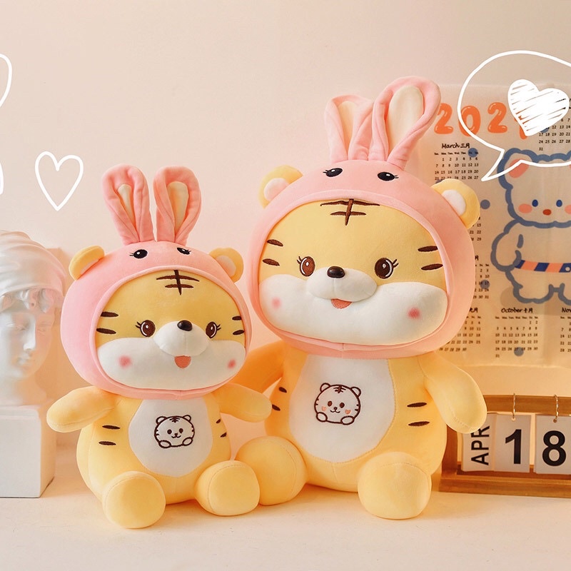 Gấu Bông Hổ Tai Thỏ siêu đáng yêu, Cọp Vàng đội nón Thỏ. Vải Miniso co giãn 4 chiều 100% Gòn