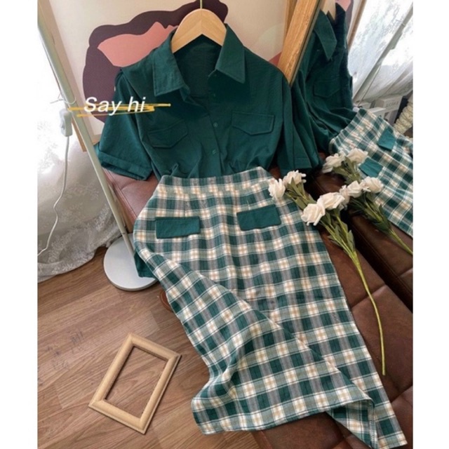 Set áo sơmi xanh + chân váy caro midi dài tone màu thu hút xinh xắn