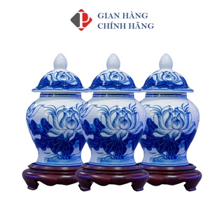 Combo 3 chóe thờ men Lam trắng Trơn họa tiết SEN, đồ thờ cúng Phùng Gia - Gốm sứ Bát Tràng cao cấp