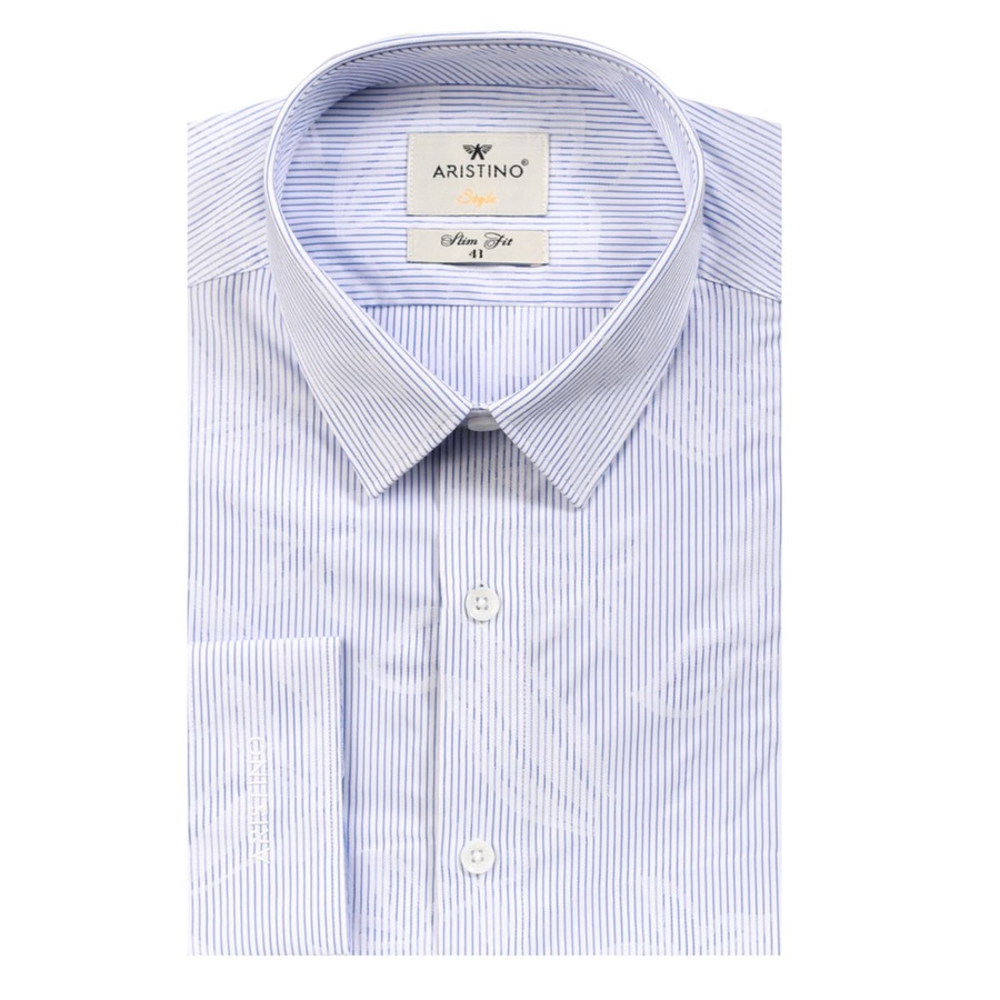 Áo sơ mi dài tay nam Aristino  sợi tre kháng khuẩn, sọc trắng hoa chìm , tà lượn , from slim ALS63808