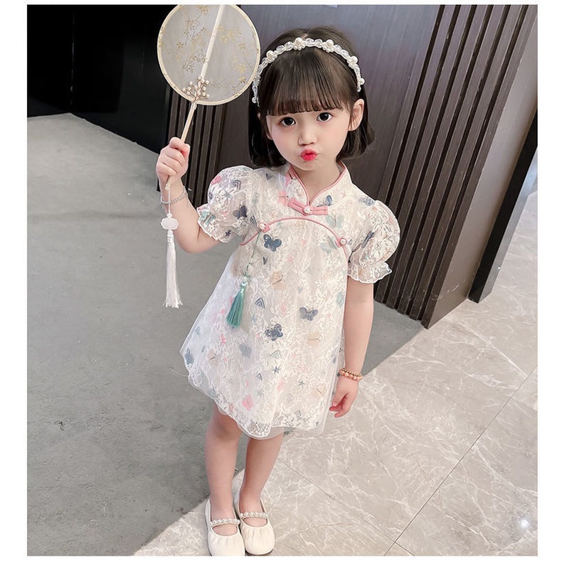 Đầm Công Chúa Mùa Hè Tay Cộc In Họa Tiết Hoạt Hình Dễ Thương Phong Cách Trung Hoa Cho Bé Gái 0-8 Tuổi
