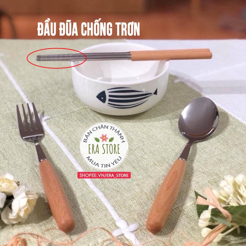 [LOẠI TỐT] Bộ 3 dụng cụ đũa thìa dĩa inox không gỉ tay gỗ văn phòng tiện lợi dễ dàng vệ sinh an toàn cho sức khỏe