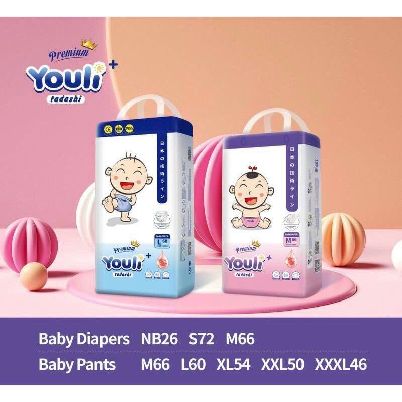 Bỉm dán/quần Youli Xanh-Youli Tí Quậy Tadashi Nb26/S/M/L/XL/XXL/XXXL(4bịch tặng 1balo cho bé,3b tặng 1giấy ướt youli)