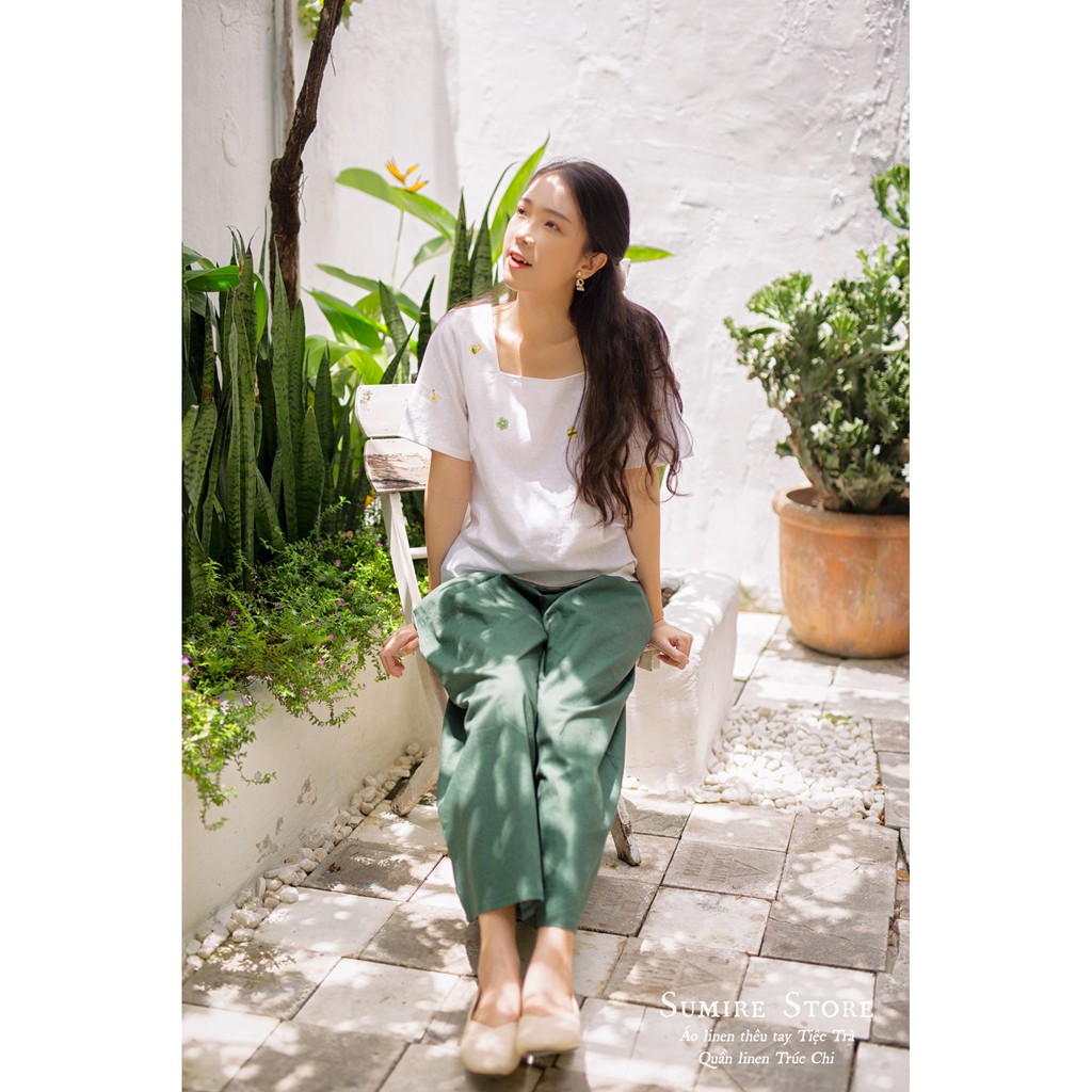Sumire Store Quần Linen ống rộng Trúc Chi Không túi