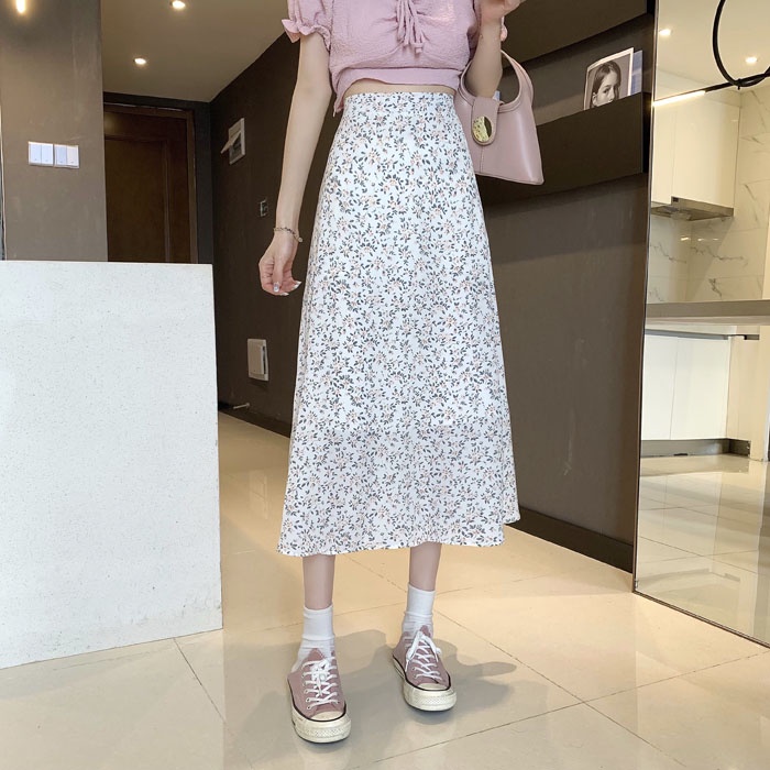SUXI Chân Váy Midi Lưng Cao Dáng Chữ A Hoạ Tiết Hoa Thiết Kế Đơn Giản Thanh Lịch