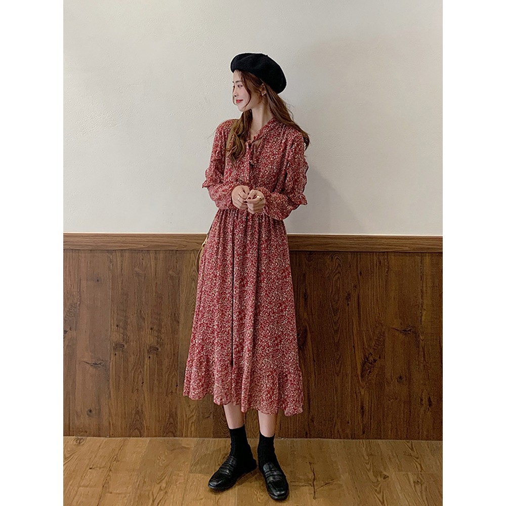(order 15 ngày) Đầm hoa nhí dáng dài phong cách vintage cổ cột nơ | BigBuy360 - bigbuy360.vn