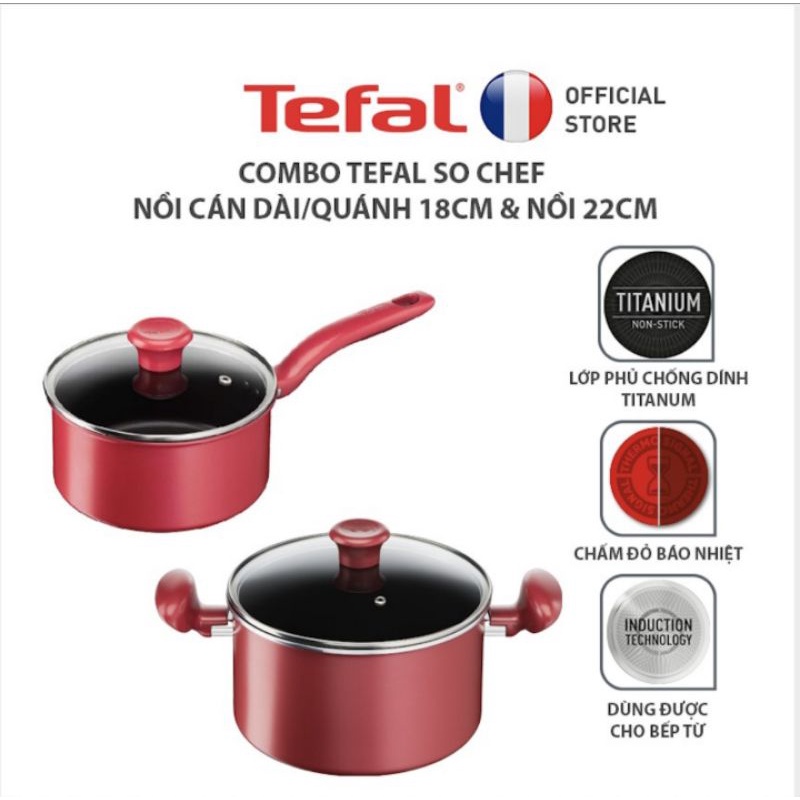 Combo Tefal So Chef nồi cán dài/quánh 18cm &amp; Nồi 22cm