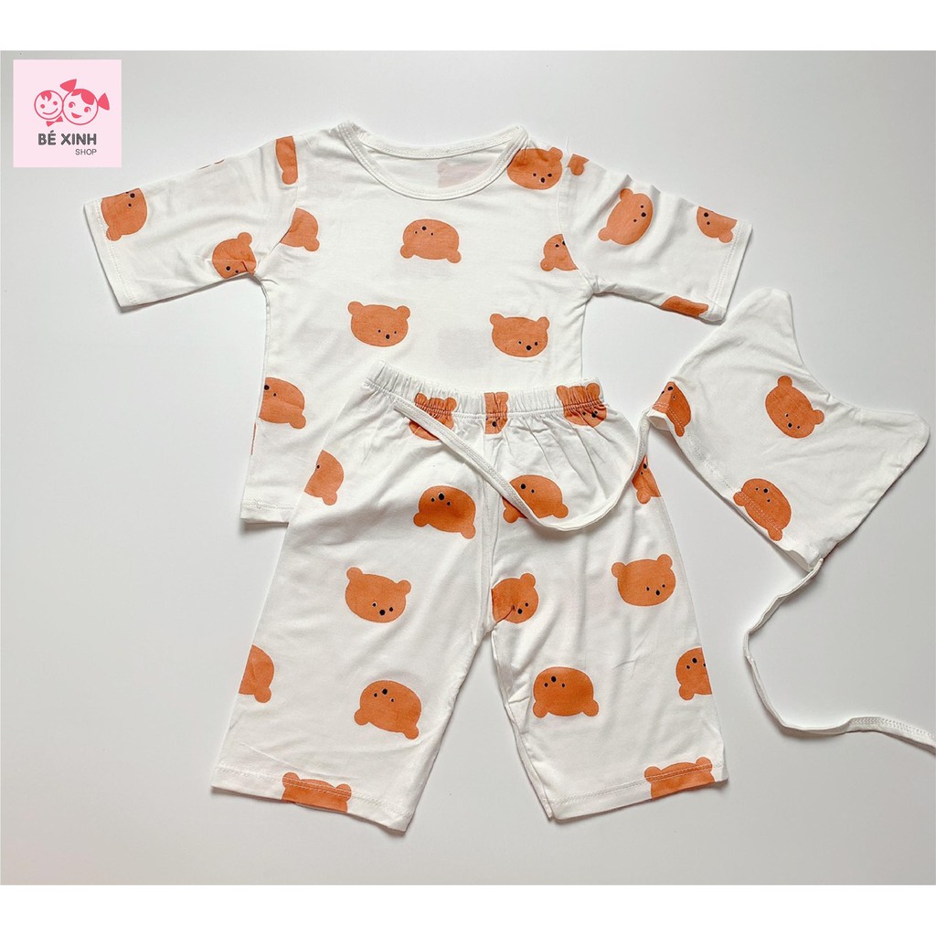 Bộ hàn quốc bé trai bé gái gấu nâu tay lỡ có nón chất cotton chuẩn hàn