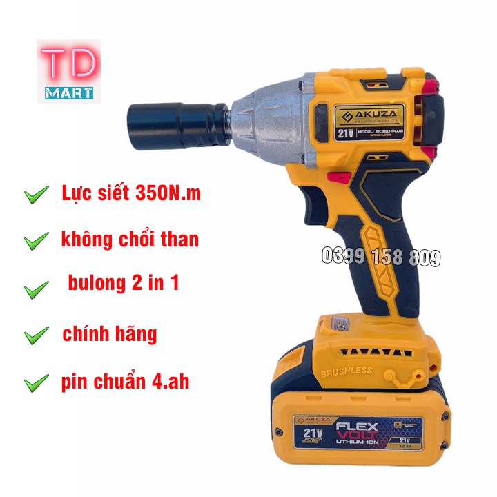 Máy Siết Bulong Dùng pin 21V Akuza AK350 Không Chổi Than [ Chính Hãng ]