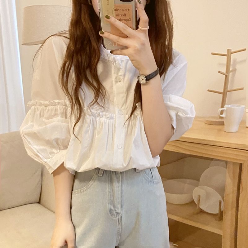 Áo Kiểu Tay Ngắn Màu Sắc Đơn Giản Phong Cách Pháp