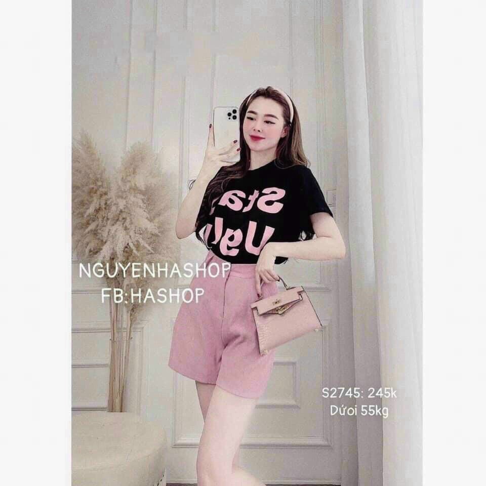 Set Bộ Áo Thun Đen Hình Chữ Quần For Short Hồng Đen Siêu Cute Thời Trang Teen
