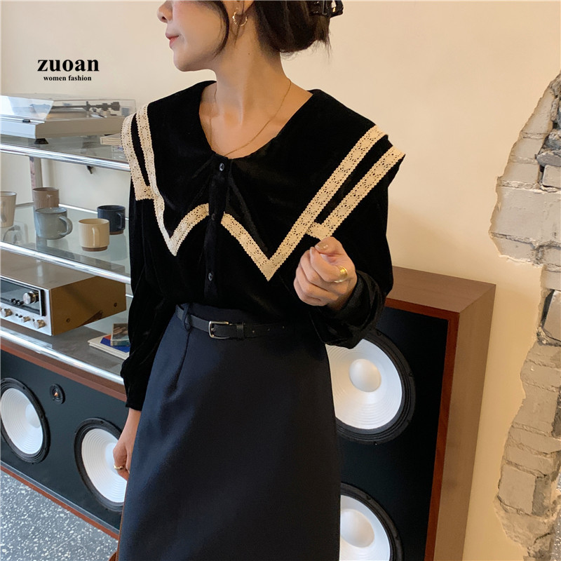 SUXI Korean Round Neck Black Velvet Splicing Long Sleeve Women's Blouse