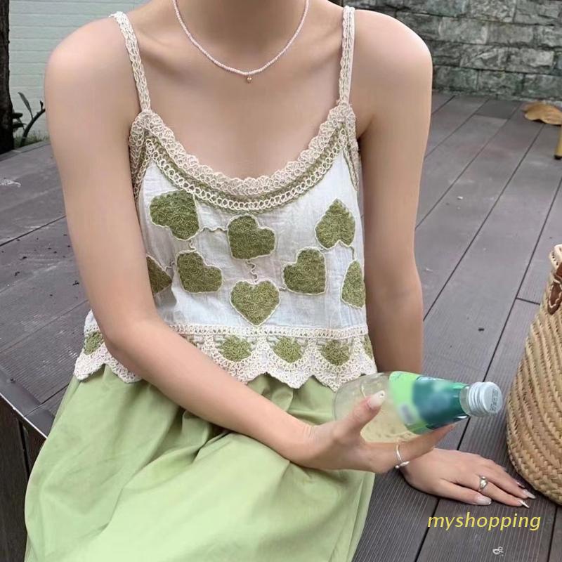 Áo Croptop Hai Dây Thêu Họa Tiết Trái Tim Phối Ren Phong Cách Thời Trang Quyến Rũ Dành Cho Nữ