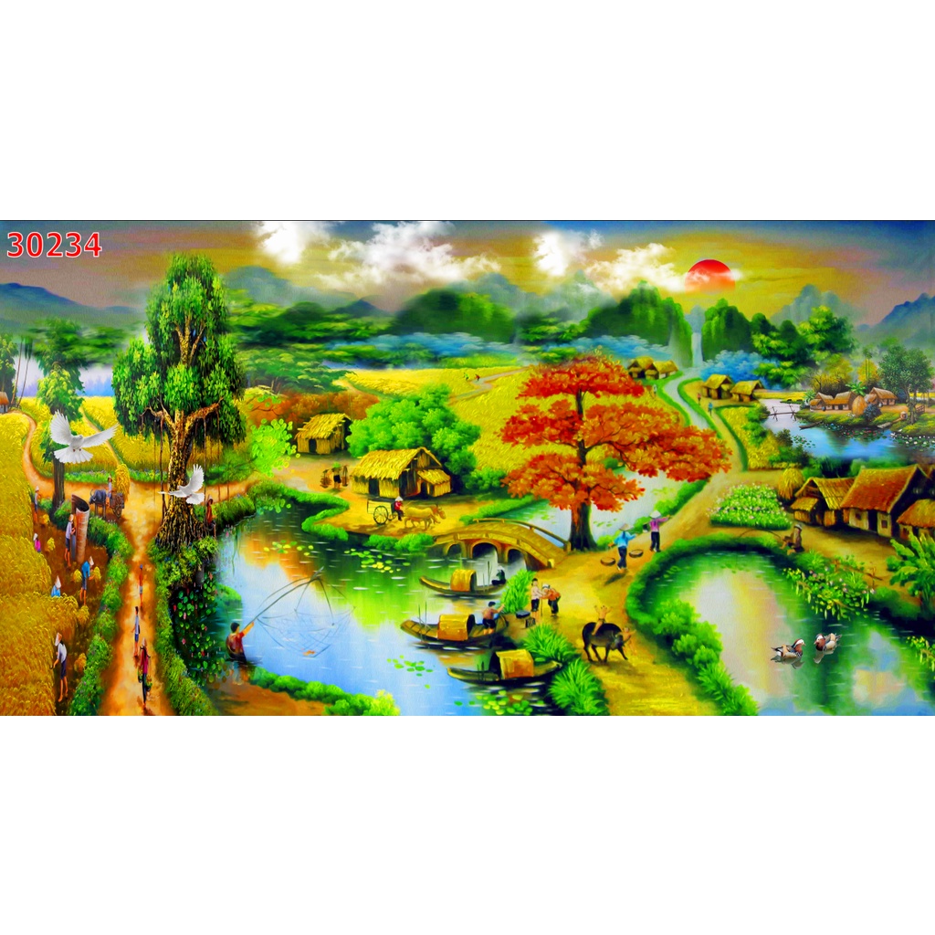 Tranh Dán Tường 3D Phong Cảnh Đồng Quê Yên Bình miễn phí chèn logo và chữ miễn phí