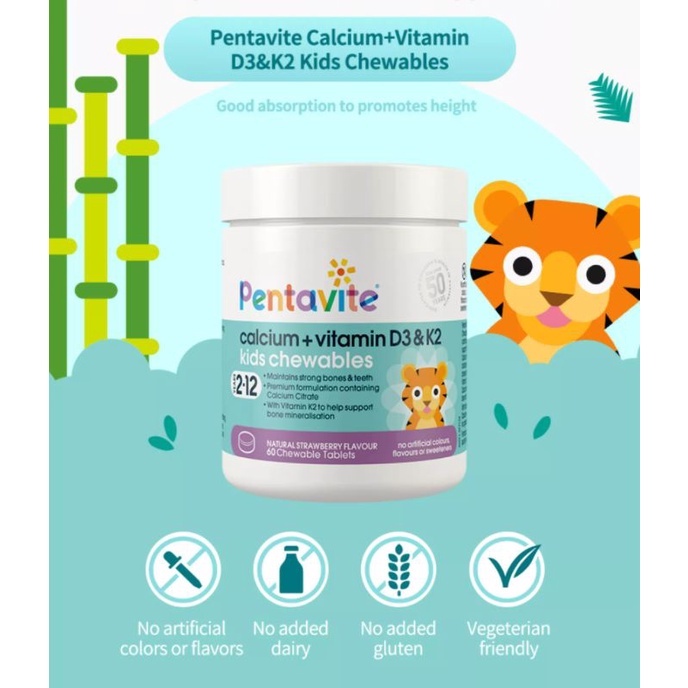 Viên uống bổ sung Canxi và Vitamin cho trẻ Pentavite Calcium + Vitamin D3 &amp; K2 Kids 60 viên